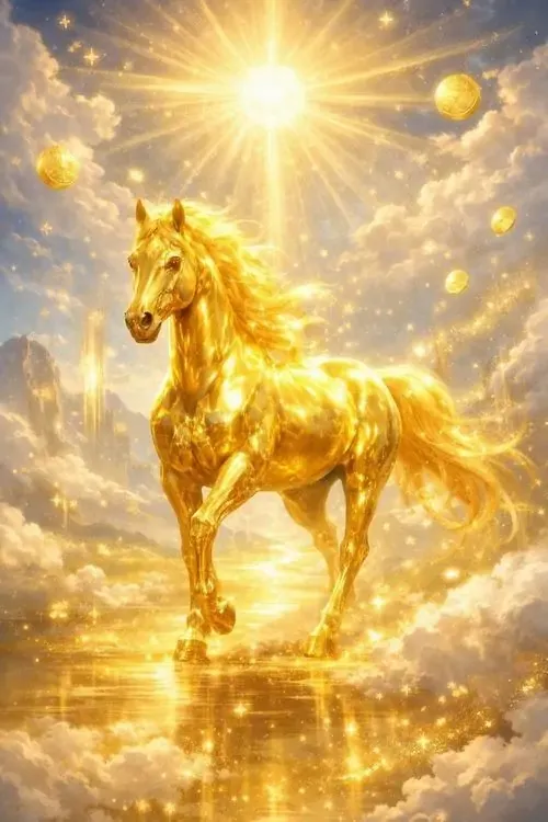 Ảnh nền đt Iphone ngựa vàng đứng giữa quầng sáng rực như nắng đổ, mặt nước lấp lánh quanh chân khiến khung hình HD hợp làm ảnh nền ngựa phong thủy chiêu tài lộc