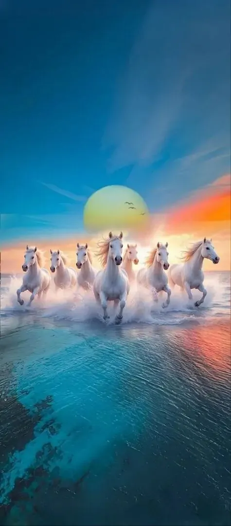 Từ góc nhìn xa, đàn ngựa trắng chạy dọc con đường xanh lam hướng về mặt trời lớn, bố cục mở rộng giúp màn hình dọc trông thoáng và gợi vận khí đi lên