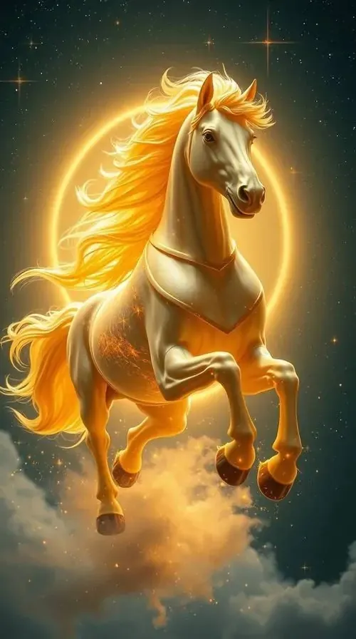 Con ngựa vàng phát sáng đứng trên mây, quanh thân là vòng hào quang mềm như ánh điện nên ảnh nền may mắn này rất bắt mắt, hợp ai thích cảm giác thịnh vượng rõ rệt