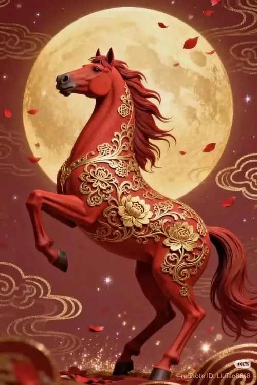 Nền dọc con ngựa chú ngựa đỏ hoa văn ngẩng cao dưới vầng trăng lớn, sóng mây cuộn quanh chân làm tổng thể có chất tâm linh nhẹ, hợp tuổi Ngọ và gợi mã đáo thành công