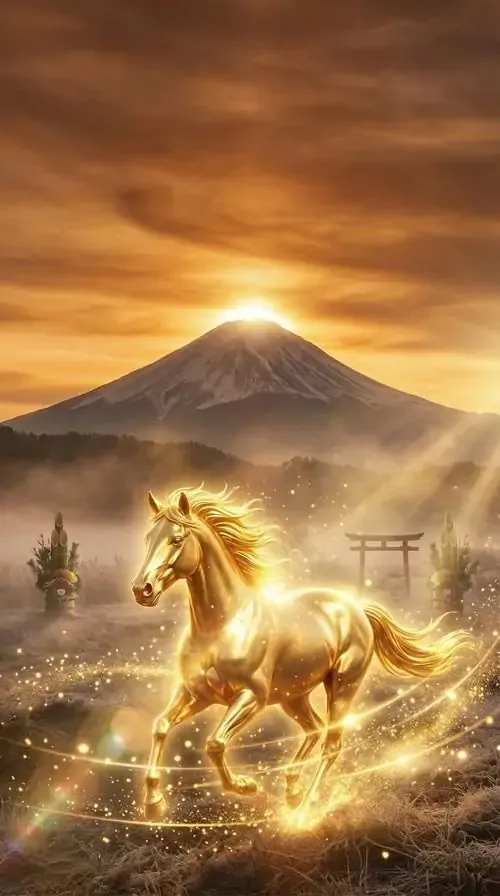 Ngựa vàng nhỏ phi qua cánh đồng sáng rực trước ngọn núi xa, nắng đổ từ đỉnh trời làm khung ảnh 4K ấm áp, nhìn lâu vẫn thấy bình an và tụ tài