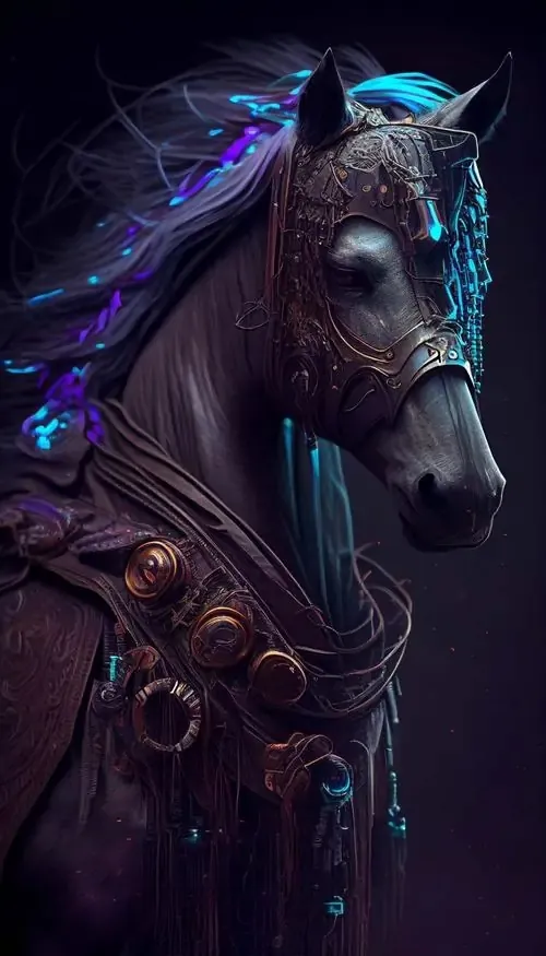 Ảnh dọc phong thủy chân dung ngựa đen tím hiện nửa thân trên nền tối, bờm xanh điện buông dọc cổ khiến tấm ảnh wallpaper này hợp người tuổi thích vẻ mạnh mà kín