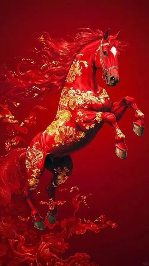 Chú ngựa đỏ tung vó giữa làn nước hoặc lửa bắn lên quanh thân, màu son phủ kín khung hình tạo cảm giác phấn chấn, rất hợp làm ảnh nền chiêu tài cho mùa mới