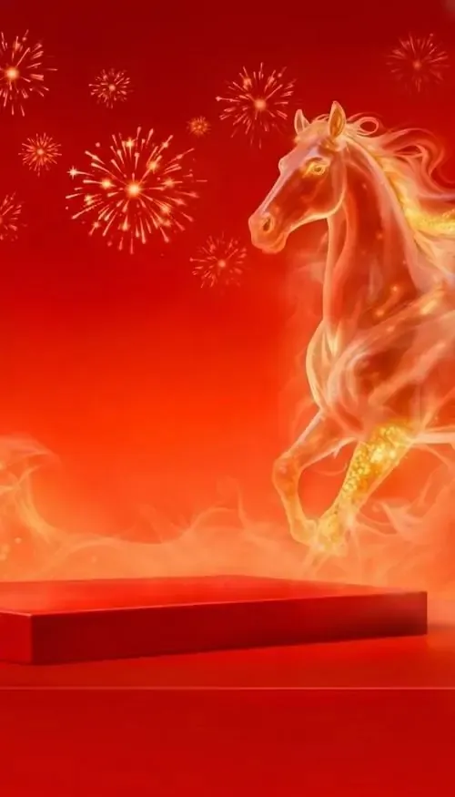 Hình nền chú ngựa lửa màu vàng cam dựng vó giữa nền đỏ rực, nét sáng ôm thân và đốm pháo nhỏ làm khung dọc rất hợp tuổi Ngọ, gợi may mắn và chiêu tài