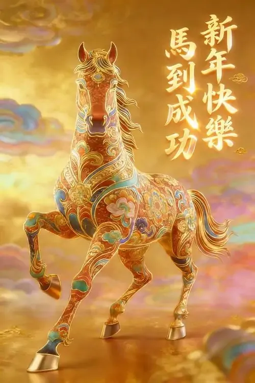 Wallpaper tuổi Ngọ ngựa nhiều màu đứng nghiêng trên nền vàng kem, phía cạnh có hàng chữ thư pháp dọc nên tổng thể vừa rực rỡ vừa mang nét phong thủy cầu may mắn