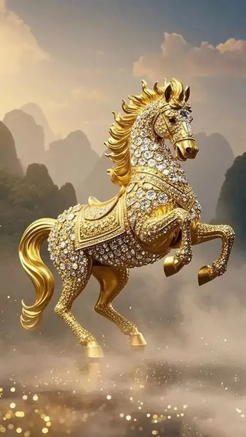 Hình nền may mắn ngựa vàng ngọc đứng trên mây sương trước dãy núi nhạt, vó nâng cao và thân phủ hạt sáng nhỏ khiến khung ảnh gợi bình an, tài lộc và vẻ 3D mềm