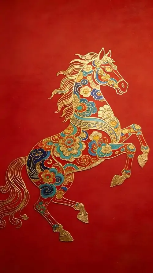 Trên nền đỏ mịn, chú ngựa trang trí họa tiết xanh vàng ngẩng đầu chạy nhẹ, dáng thanh thoát khiến ảnh nền ngựa hợp tuổi này vừa dễ thương vừa giữ cảm giác phong thủy vui mắt