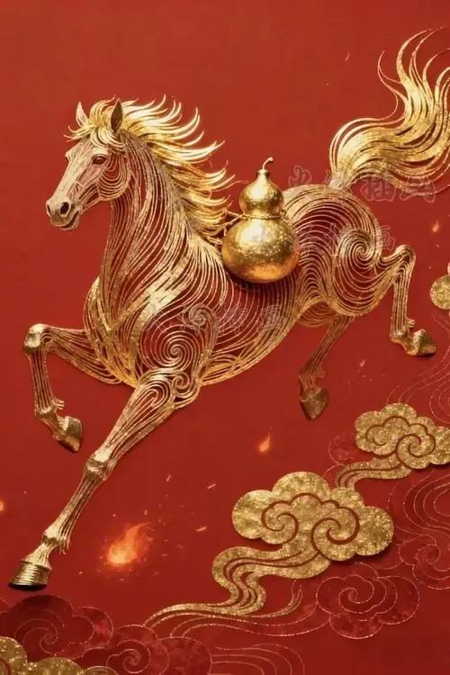 Ảnh nền chiêu tài tuấn mã vàng phi ngang nền son, lưng mang hình đồng tiền tròn và mây cuộn dưới chân, chi tiết này rất hợp người tuổi Ngọ thích tụ tài và thịnh vượng