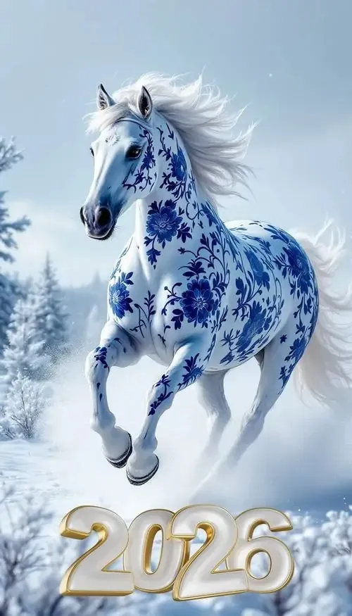 Ngựa trắng xanh như gốm men đứng bật lên giữa nền băng tuyết, phía dưới có số 2026 nổi sáng nên ảnh bìa phong thủy này cho cảm giác mới mẻ và may mắn đầu năm