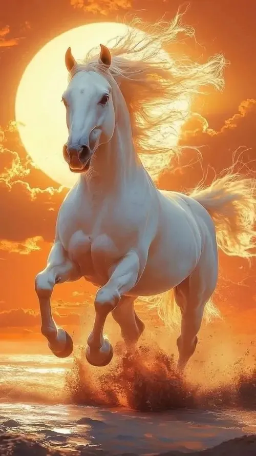 Hình nền hợp tuổi chú ngựa trắng phủ hoa nhỏ đang bước trong rừng tuyết, lông dày và nền sáng lạnh làm khung dọc Ultra HD trông sạch mắt, hợp người cần bình an