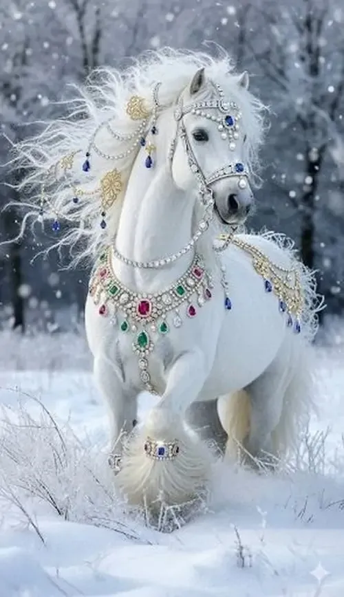 Con ngựa trắng vẽ họa tiết màu nổi đứng trên mây đỏ, chân nhấc nhẹ và nền son phía sau rất tươi, kiểu ảnh nền tuổi Ngọ này nhìn vui mắt mà vẫn gợi chiêu tài
