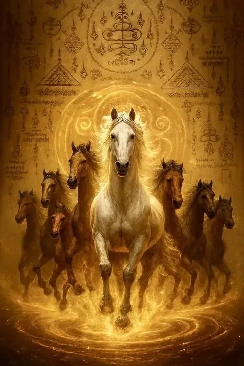 Tượng ngựa vàng nhỏ đặt giữa cành trắng lấp lánh, nền sáng kem và ánh phản chiếu mềm khiến ảnh nền điện thoại này hợp người tuổi Ngọ thích vẻ đẹp nhẹ mà vẫn thịnh vượng