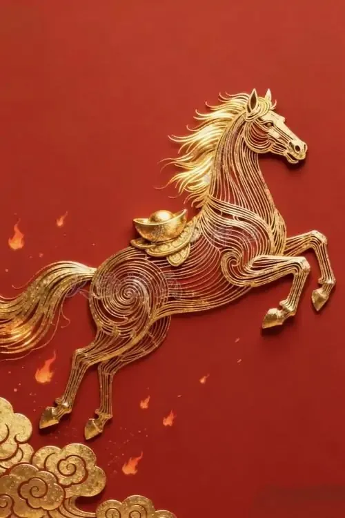 Con tuấn mã dát vàng bật người sang trái trên nền son, bờm và đuôi cuộn mềm như mây, kiểu ảnh nền ngựa phong thủy này nhìn sang mắt và dễ kéo vận khí sáng hơn