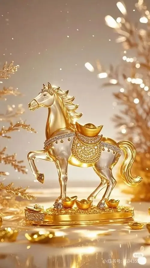 Nền máy phong thủy ngựa vàng phóng lên trên nền đỏ đậm, mảng sáng kéo dài sau bờm và dòng chữ 2026 phía dưới làm khung dọc rất hợp để cầu may mắn đầu năm