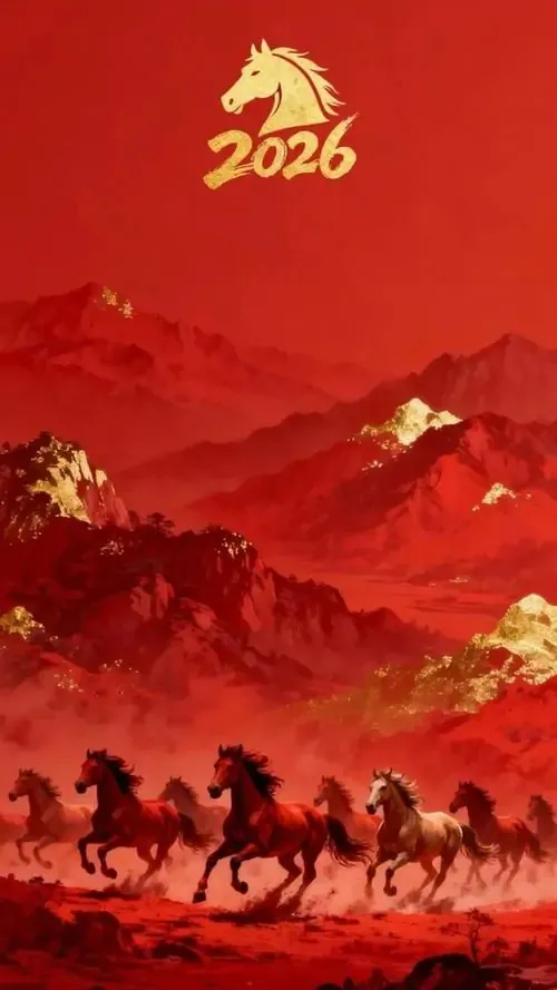 Ảnh nền dãy núi đỏ phủ sương với đàn ngựa chạy ngang chân đồi, phía trên có số 2026 vàng nổi, khung cảnh gợi hành trình bền bỉ và tài lộc đang mở ra
