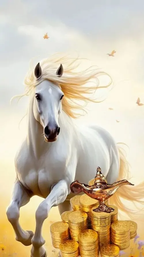 Ngựa trắng lao tới trước đống vàng kim dưới nền trời nhạt, bờm tung mạnh và vó nhấc cao khiến ảnh bìa tuổi Ngọ trông tươi sáng, hợp người thích mã đáo thành công