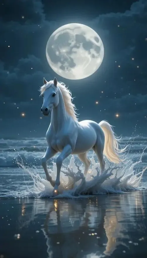 Ảnh bìa ngựa xanh bạc đứng giữa mặt nước dưới trăng tròn, phản chiếu loang nhẹ tạo cảm giác bình an, rất hợp làm ảnh nền hợp tuổi khi muốn giữ tâm thế ổn định