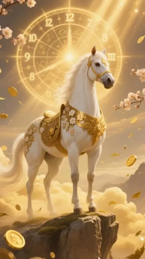 Hình nền điện thoại ngựa trắng dát vàng đứng trên mỏm đá giữa tầng mây, phía sau là vòng sáng cổ điển như bánh xe mặt trời, nhìn vào thấy thịnh vượng và tụ tài