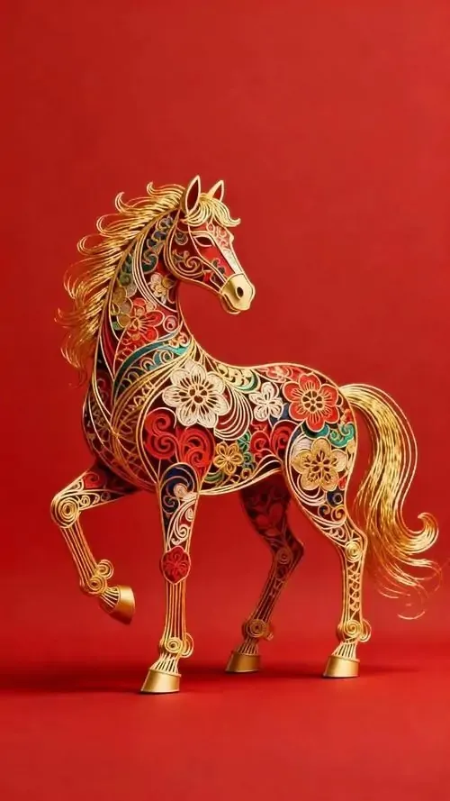 Chú ngựa trang trí hoa văn đỏ vàng đứng nghiêng trên nền son, thân mình phủ chi tiết kim loại nhỏ xinh nên ảnh nền đt Iphone này vừa đẹp vừa gợi may mắn nhẹ nhàng
