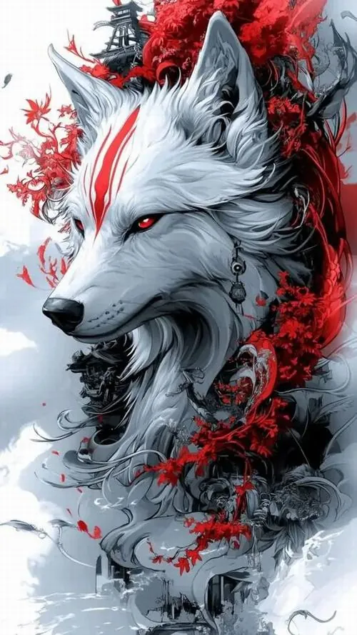 Ảnh wallpaper chân dung sói trắng nhìn nghiêng, mảng đỏ như lá và sơn hất dọc gáy nổi trên nền băng xám, góc mặt gắt khiến ảnh nền động vật hoang dã này rất cô quạnh