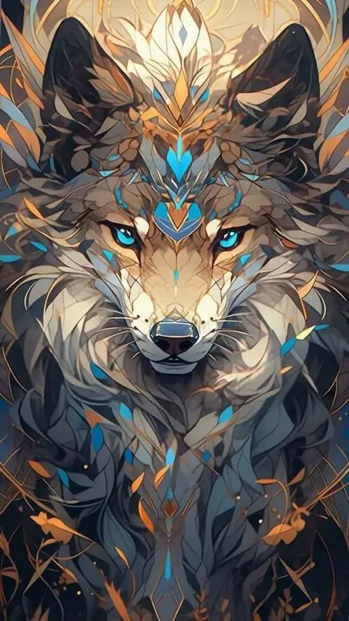 Đầu sói nâu xanh dựng thẳng ở chính giữa, lông vẽ bằng lớp nét nhọn như đá phát sáng nơi mắt và trán, khung tối làm hình nền thú săn mồi lên vẻ đơn độc rõ hơn