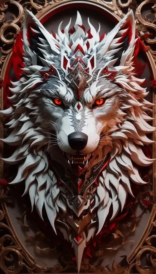 Ảnh nền đt Iphone gương mặt sói đỏ trắng nhìn chính diện, viền lông dựng sắc như gai và đôi mắt sáng lên giữa nền hoa văn tối, kiểu dựng dọc cho cảm giác dữ mà bị nhốt
