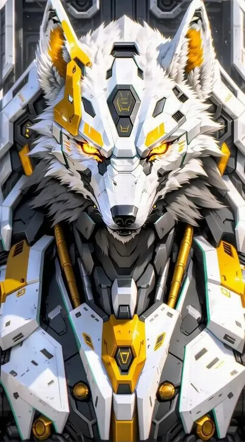 Mẫu sói máy trắng bạc ghép giáp vàng đứng thẳng như robot, đường nét cứng và sạch khiến ảnh nền chó sói mang chất HD lạnh tay, hợp màn hình thích tông cơ khí đơn độc