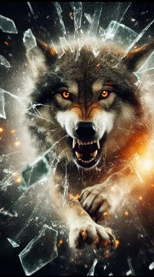 Nền dọc con sói xám nhe nanh lao ra từ vùng sáng vỡ tung như kính, lông cổ bung mạnh và ánh nhìn gằn xuống làm khung ảnh 4K này như giữ nguyên cú bật giữa cô thế