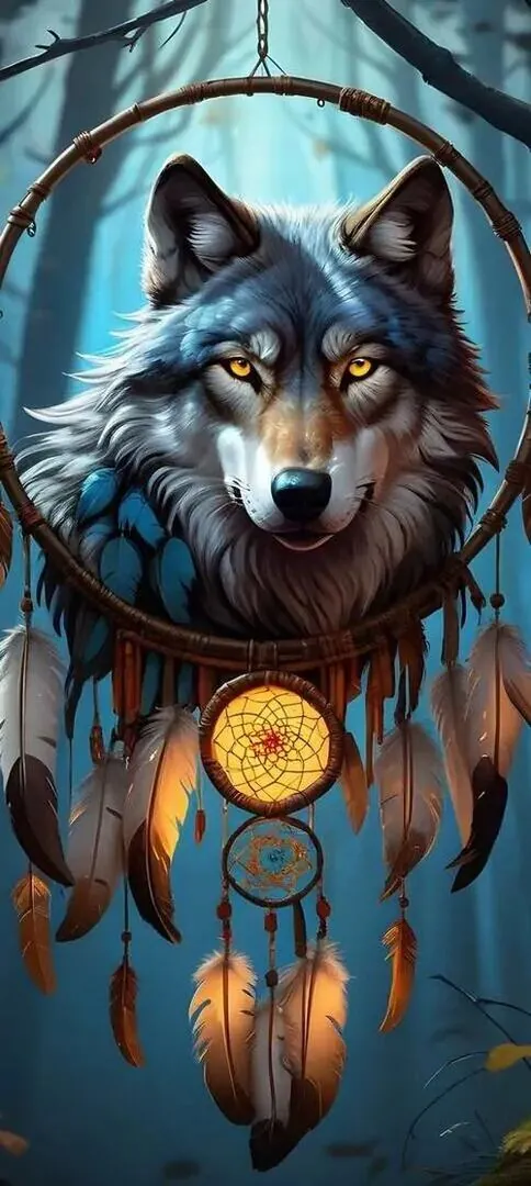 Đầu sói xanh xám đội vòng trang trí rủ xuống trước ngực, nền tối kéo dài phía sau làm tổng thể hơi huyền nhưng vẫn cute theo kiểu trầm, không mềm mà khá lì