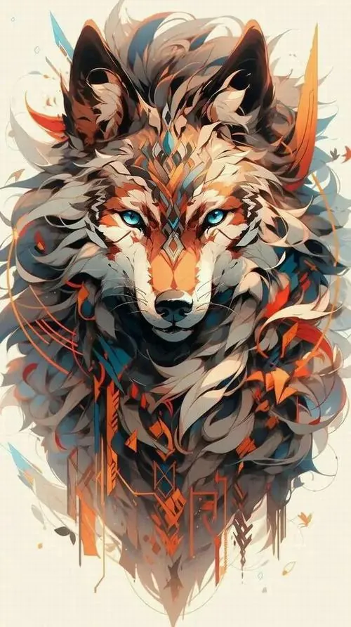 Ảnh đại diện sói chân dung sói pha cam xám nhìn thẳng, từng lớp lông xù bung như nét cọ khô quanh má và trán, nền sáng ít chi tiết khiến chủ thể đứng một mình rất rõ