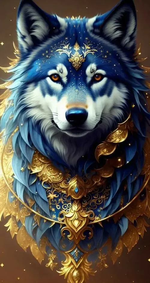 Con sói xanh đậm đeo chuỗi vàng dày trước cổ, mắt vàng mở to giữa nền nâu tối khiến hình ảnh sói đẹp này có độ sang vừa đủ mà vẫn giữ vẻ tách khỏi đám đông