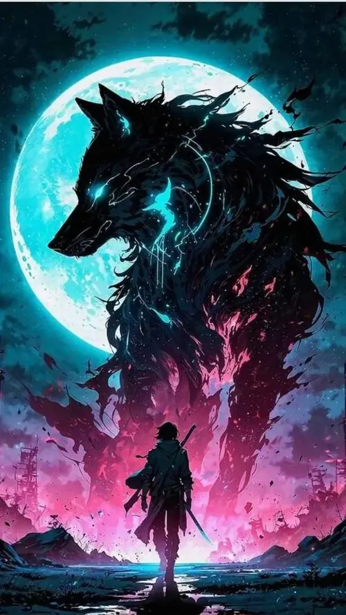 Hình nền 4K bóng sói đen phát sáng viền xanh đứng trước vầng trăng lam lớn, phía dưới một người nhỏ quay lưng nhìn lên khiến khoảng cách trong khung hình kéo dài rất mạnh