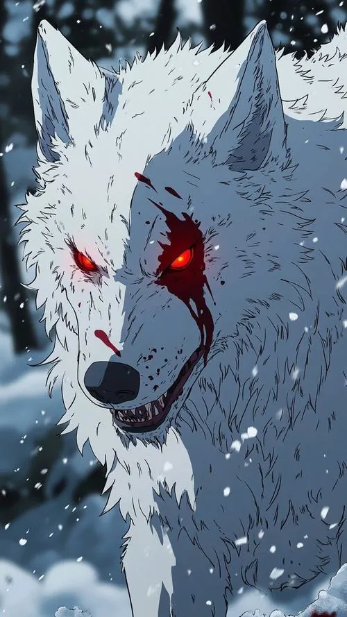 Đầu sói trắng giữa nền tuyết xám nghiêng nhẹ sang bên, một mắt đỏ nổi bật trên phần lông dày bị gió hất tung làm ảnh nền chó sói toát ra vẻ đau mà vẫn gượng cứng