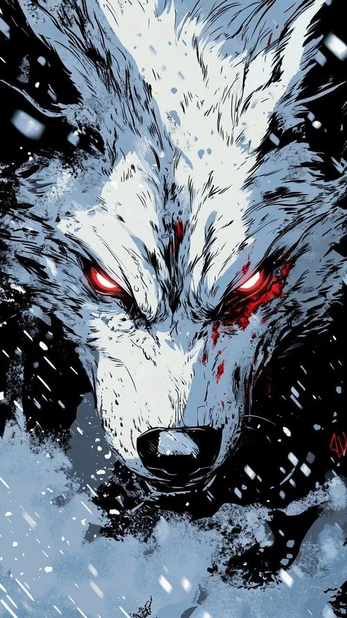 Hình nền cận mặt sói trắng phủ vệt mực đen, một mắt đỏ rực nhìn xéo từ góc gần, nền lạnh như bão tuyết làm khung dọc này lên chất HD rất gắt