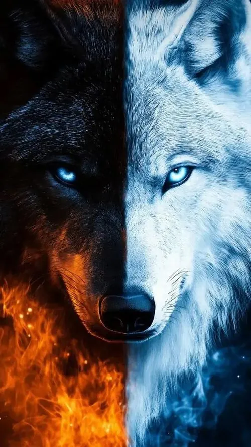 Ảnh nền sói nửa mặt chia đôi bằng xanh băng và lửa cam, một bên tối rút sâu còn bên kia sáng gắt, kiểu đối xứng khiến khung dọc trông ngầu mà không cần thêm chi tiết