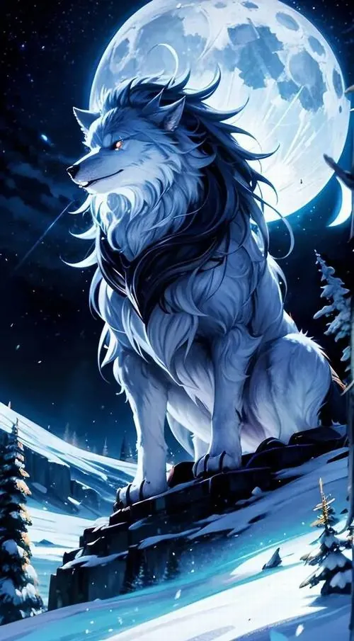Con sói xanh đứng một mình trên mỏm đá dưới trăng tròn rất lớn, gió kéo lông và đuôi về sau khiến ảnh nền động vật hoang dã này lên chất 4K lạnh và thoáng