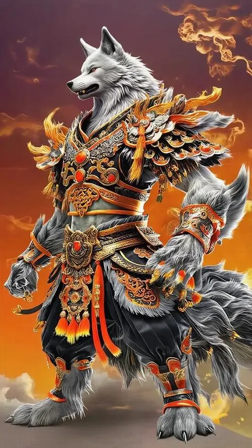 Con sói chiến binh đầu bạc đứng nghiêng trong bộ giáp cam rực như lửa, tay cầm vũ khí lớn giữa nền khói nóng, dáng dựng thẳng khiến ảnh nền chó sói trông rất ngầu