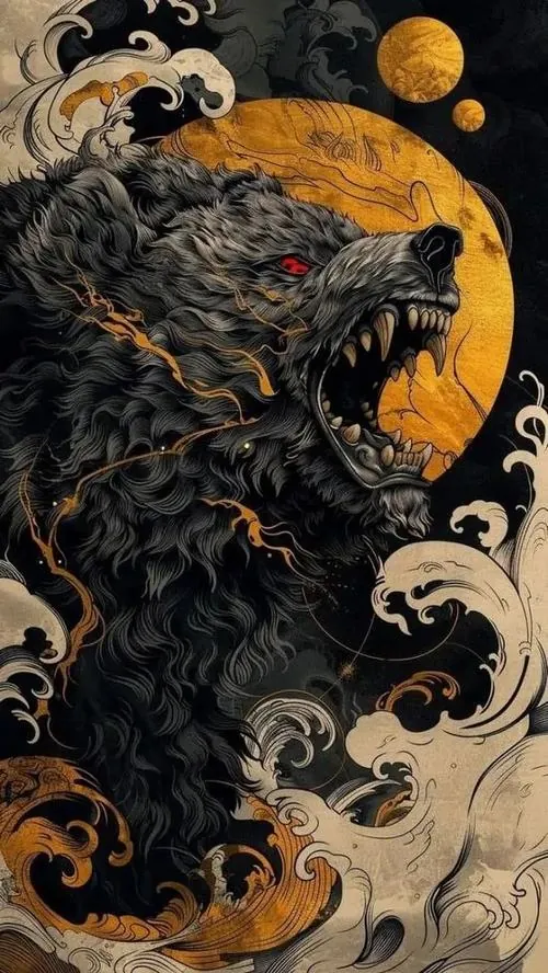 Ảnh nền con sói đen cuộn mình giữa mảng mây vàng và vầng trăng tròn, lông xoáy như mực loang trên giấy khiến cả khung dọc giữ cảm giác lẻ loi rất rõ