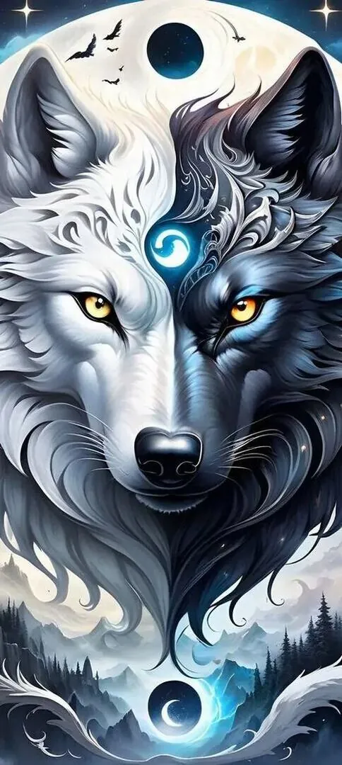 Chân dung sói trắng mắt xanh nhìn thẳng, giữa trán sáng lên viên ngọc nhỏ và dưới cổ là quầng sáng lam, nét vẽ 3D làm hình ảnh sói đẹp mà vẫn lạnh tay