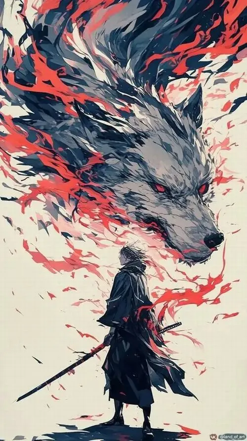 Một đầu sói dựng bằng những mảng đỏ đen quét xước lao lên từ nền sáng, phía dưới là bóng người cầm kiếm đứng nhỏ lại làm ảnh nền thú săn mồi trông Ultra HD và gằn hơn