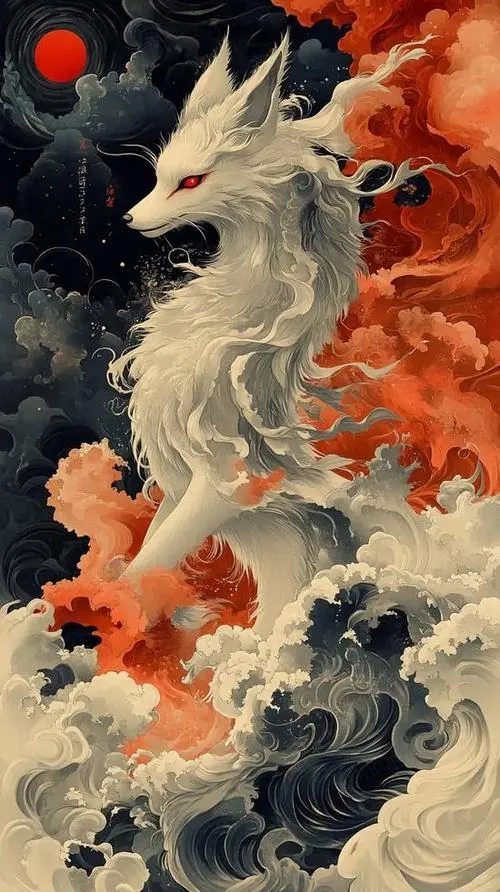 Hình nền điện thoại con sói sáng màu vươn người trên tầng mây cam đục, bên trên lơ lửng mặt trời đỏ nhỏ, bố cục dọc thoáng rộng làm cảm giác một mình hiện ra rất sạch