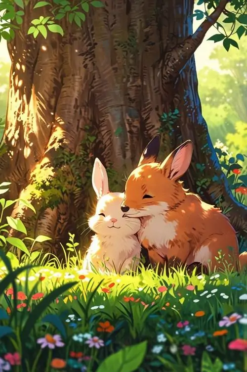 Ảnh wallpaper thỏ nâu cam nằm thư thả giữa rừng hoa dưới gốc cây lớn, nắng xuyên tán lá rơi lên bộ lông tạo cảm giác êm, ảnh HD nhìn rất đẹp