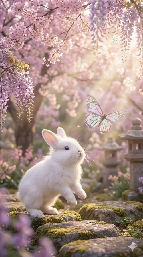 Chú thỏ trắng nhỏ đứng trên lối đá phủ rêu trong khu vườn ngập sắc hồng, ánh sáng cuối ngày làm bộ lông sáng bừng, hợp làm hình nền loài tai dài