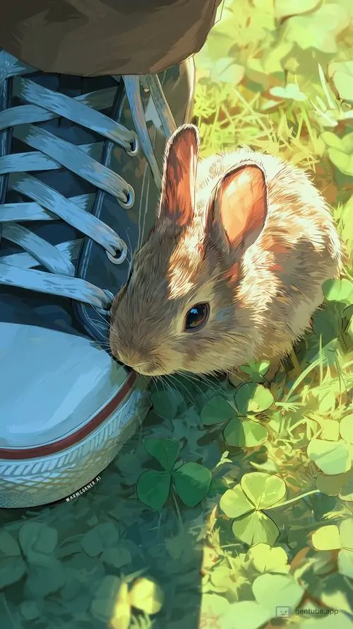 Ảnh nền đt Iphone thỏ nâu nép dưới đôi giày xanh giữa thảm lá và cỏ, góc chụp từ trên xuống tạo cảm giác gần gũi, kiểu ảnh nền thỏ rất đời thường