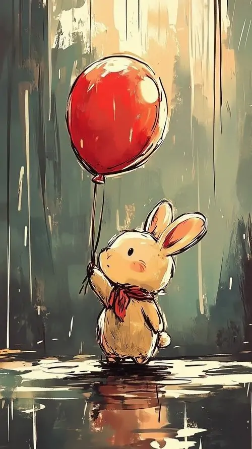 Một chú thỏ be đứng dưới mưa cạnh quả bóng đỏ, mặt đường phản chiếu ánh đèn làm cả khung ảnh như truyện tranh, lên máy nhìn cute mà không rối mắt