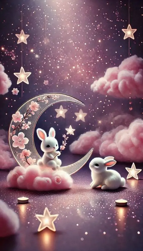 Phông nền thỏ hai bé thỏ trắng ngồi trên đám mây tím hồng giữa trăng sao và bầu trời mộng mị, nét vẽ mềm khiến ảnh nền thỏ bông trông rất ngọt