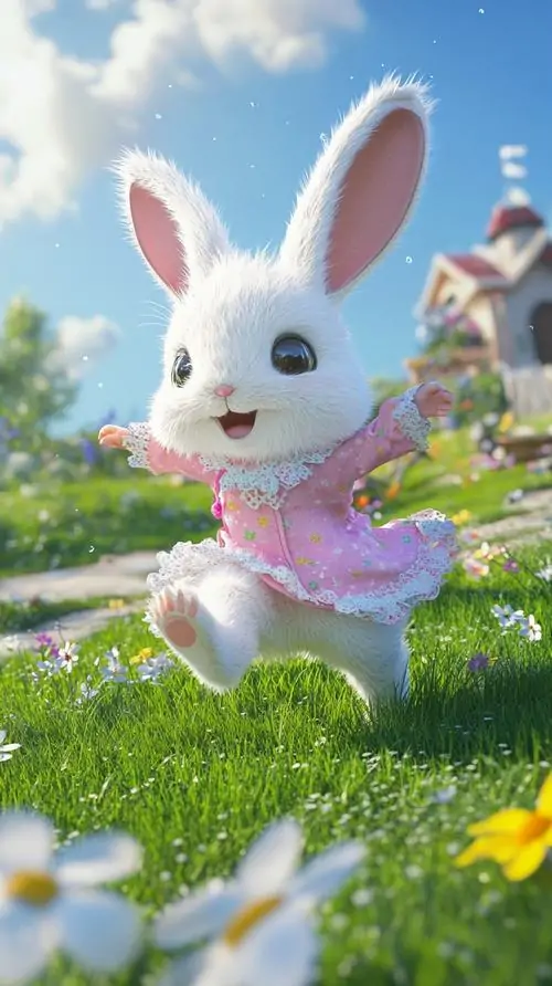 Chú thỏ trắng chạy tung tăng trên bãi cỏ đầy hoa dưới trời xanh, váy tím nhạt bay nhẹ theo bước chân làm khung hình như một ảnh nền thú cưng nhỏ vui mắt
