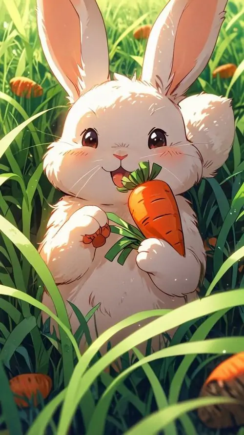 Hình nền dọc thỏ trắng mũm mĩm ôm củ cà rốt giữa bụi cỏ cao, đôi má hồng và biểu cảm rạng rỡ làm phông nền thỏ con này trông rất dễ thương
