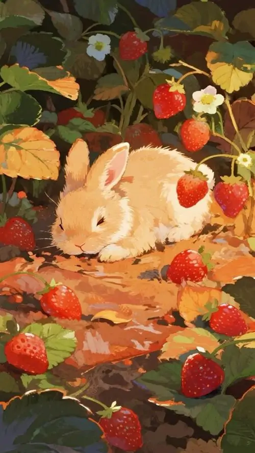 Ảnh khóa màn hình thỏ nâu ngồi giữa lớp lá đỏ và quả mọng rơi đầy đất, ánh sáng ấm làm bộ lông thêm nổi bật, ảnh nền động vật nhỏ này nhìn rất thu hút