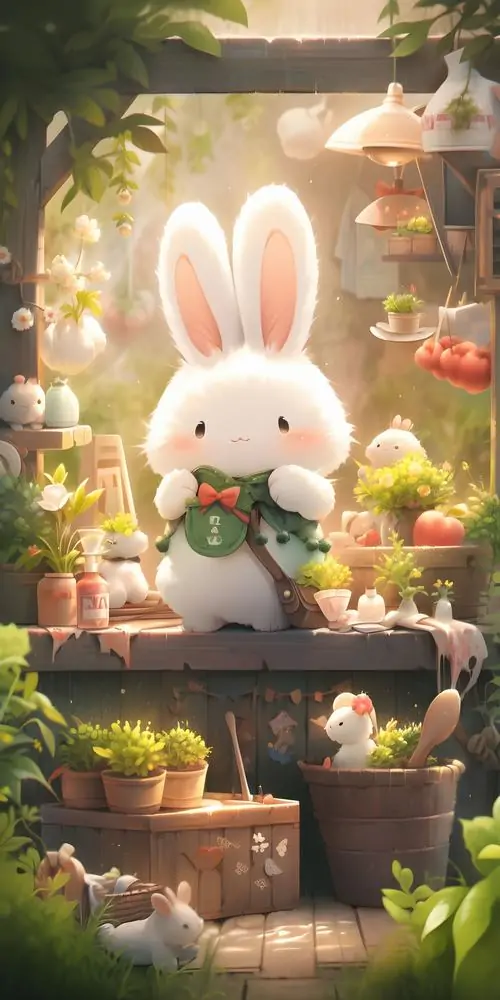 Chú thỏ trắng phát sáng ngồi trên bậc thềm giữa cây xanh và đèn vàng li ti, không gian như cổ tích khiến ảnh nền thỏ hợp ai mê kiểu xinh mà lạ